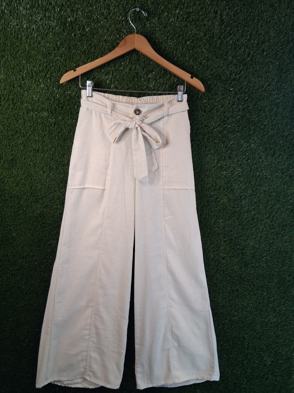 Rewash Women's High Rise Paperbag Waist Pants Beige Linen Blend Belted Large